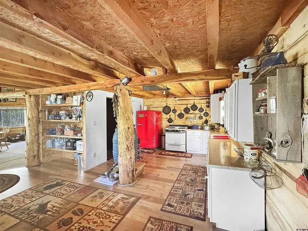 The kitchen with the red refrigerator, the range and the log posts
