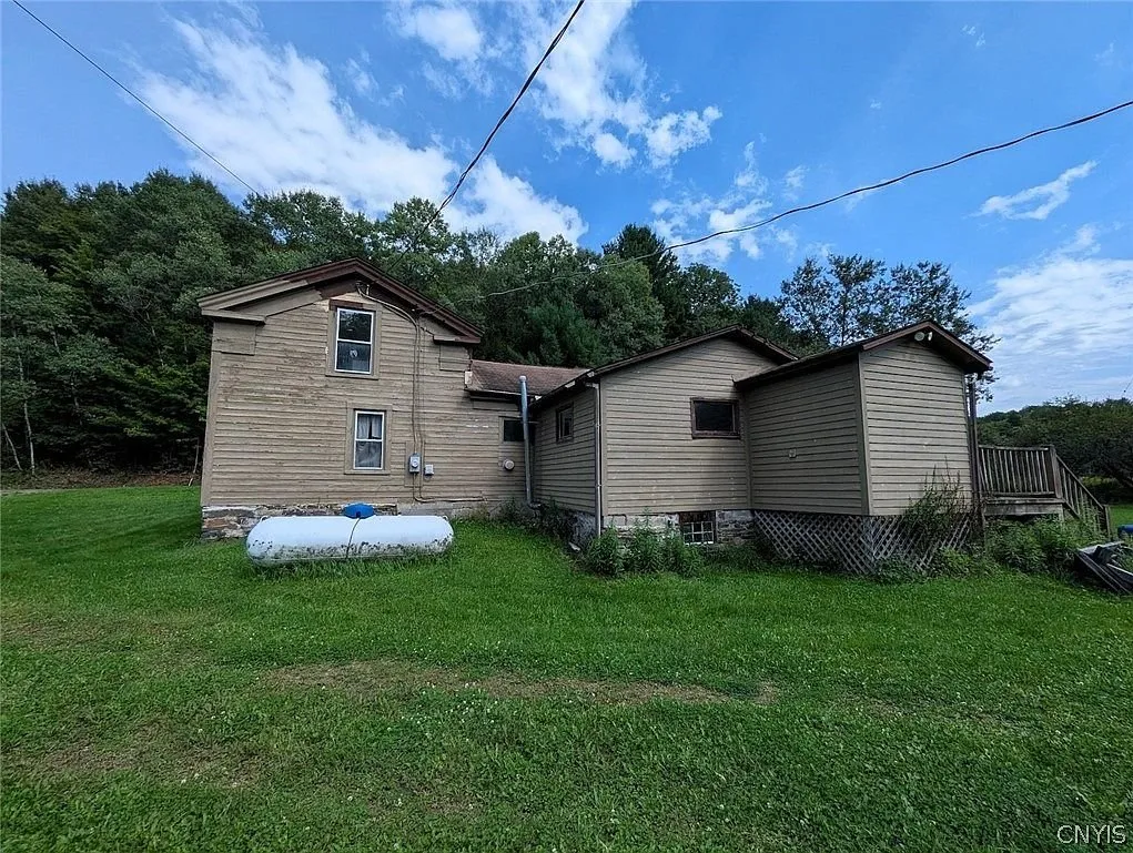 The rear of the house with the propane tank and the wires overhead