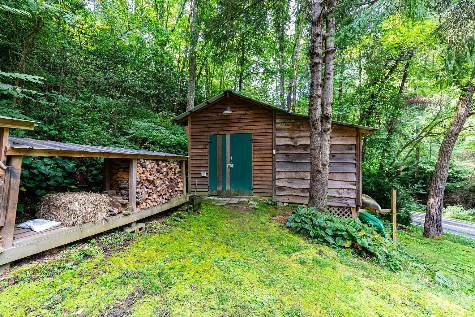 The outbuilding with the green door and the woodshed beside it