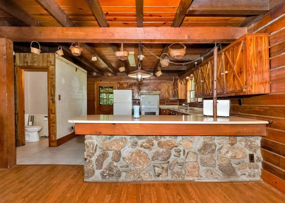 The kitchen seen from the dining side of the room