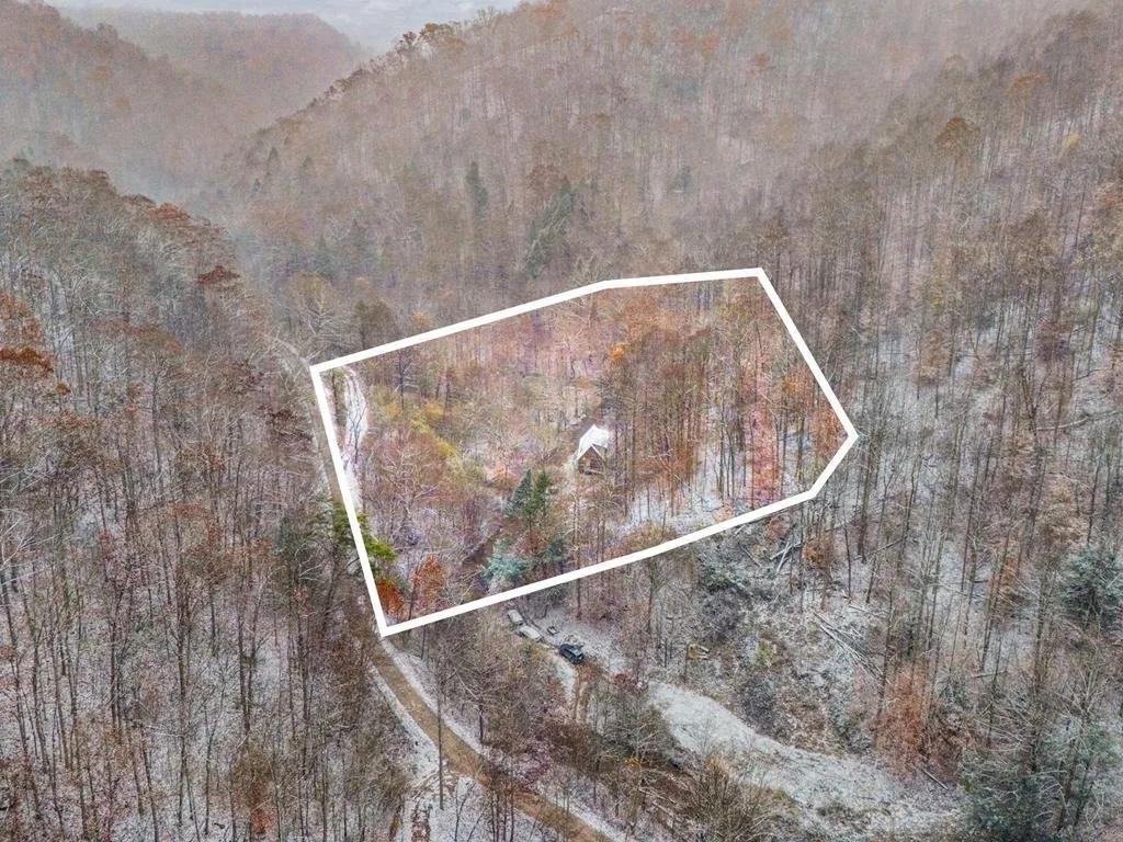 Aerial with the listing's outline of the parcel drawn on the wooded hillside