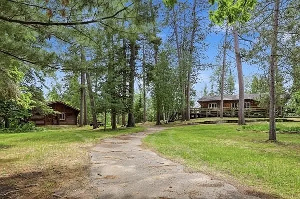 The lawn between the cabins with the outbuilding beyond