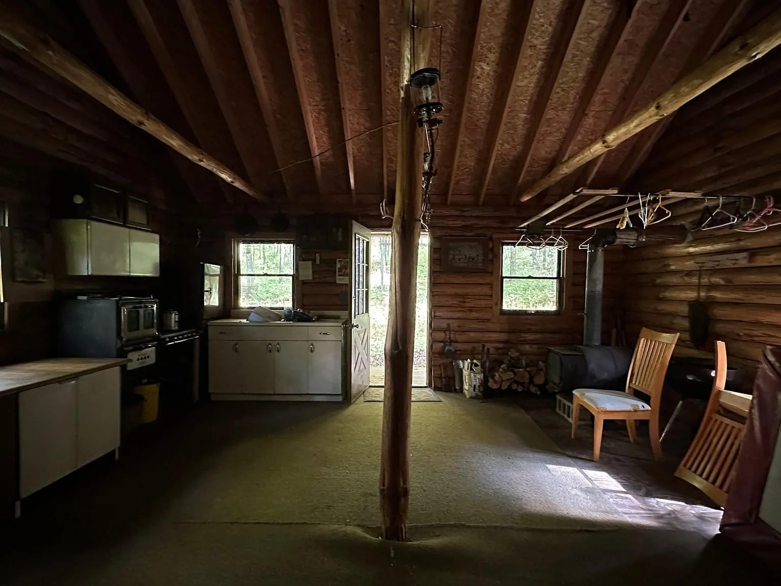 The great room looking toward the kitchen counters and windows