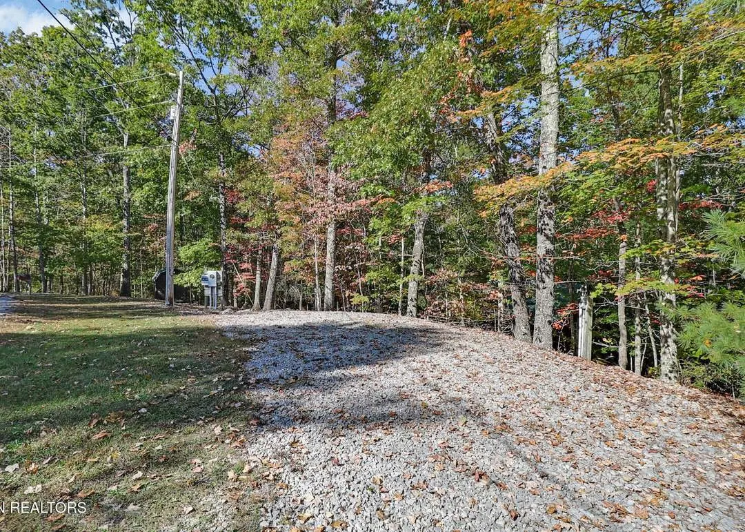 The gravel turnaround near the property entrance, fall color showing in the surrounding trees