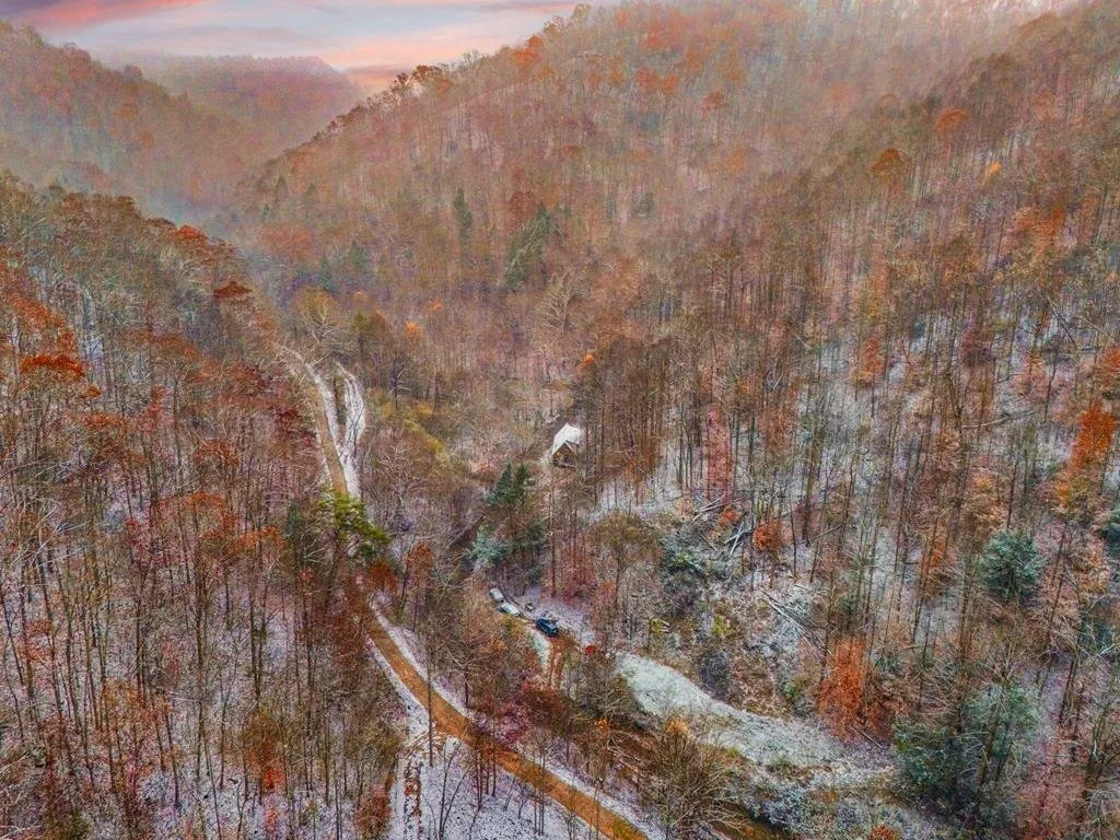 Aerial of the hollow: the one-lane road following the creek between ridges