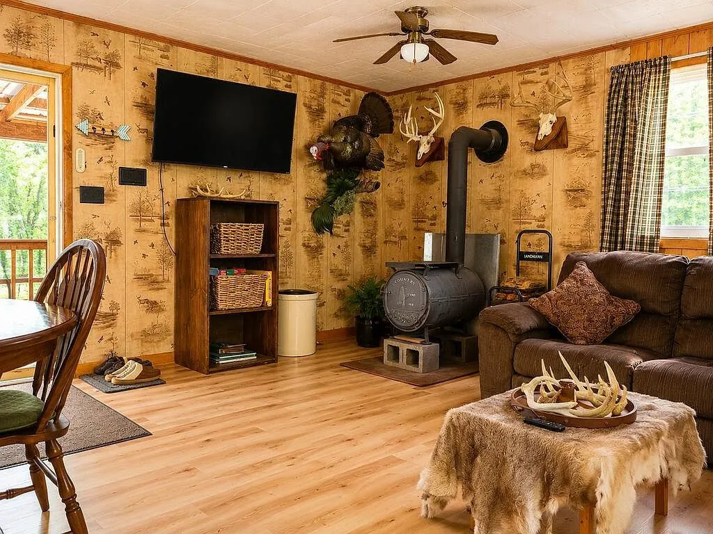 The wood stove in the corner of the living room with the television above the dining table