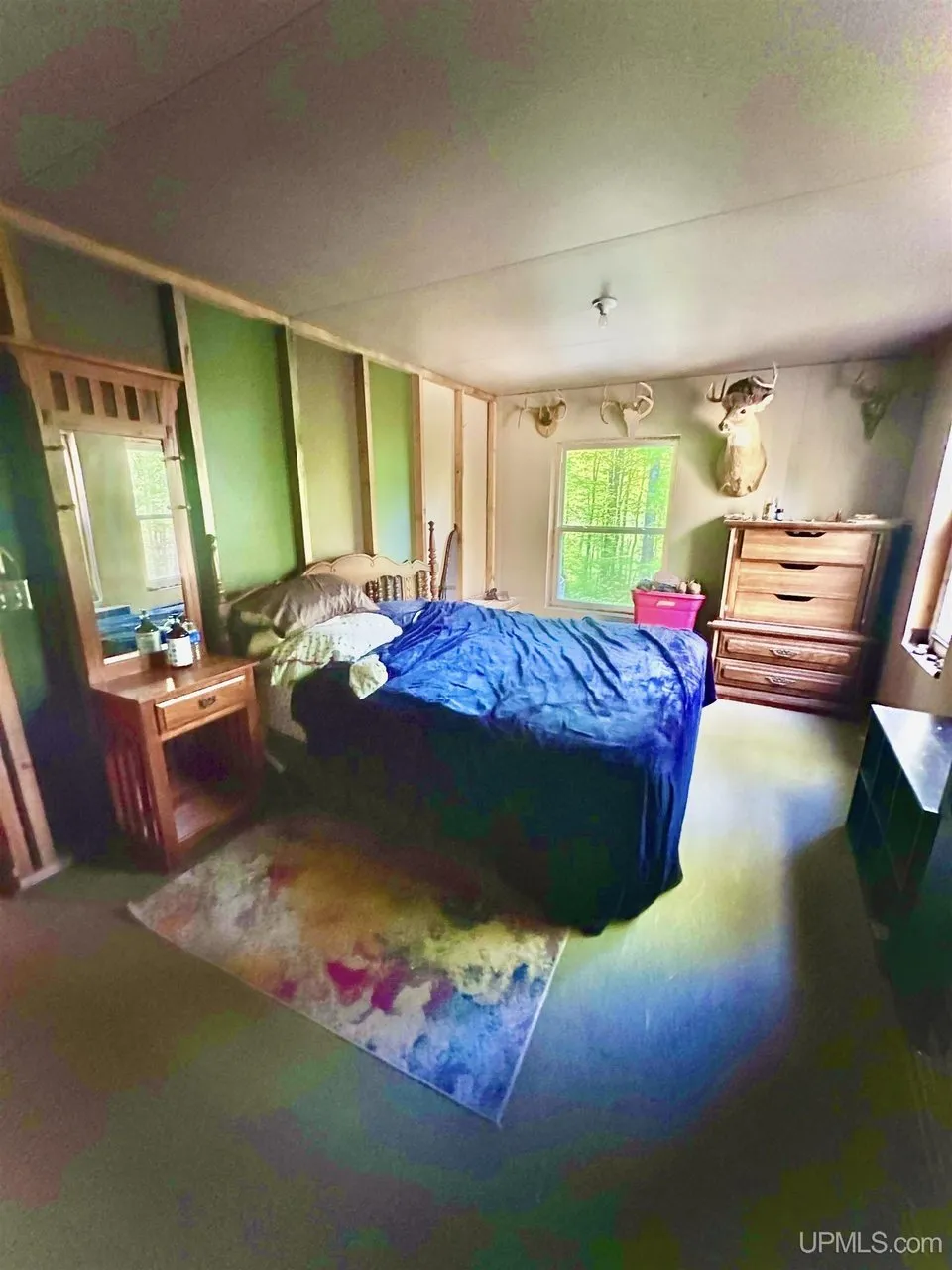 The primary bedroom with the bed, the dressers and the mounts on the wall
