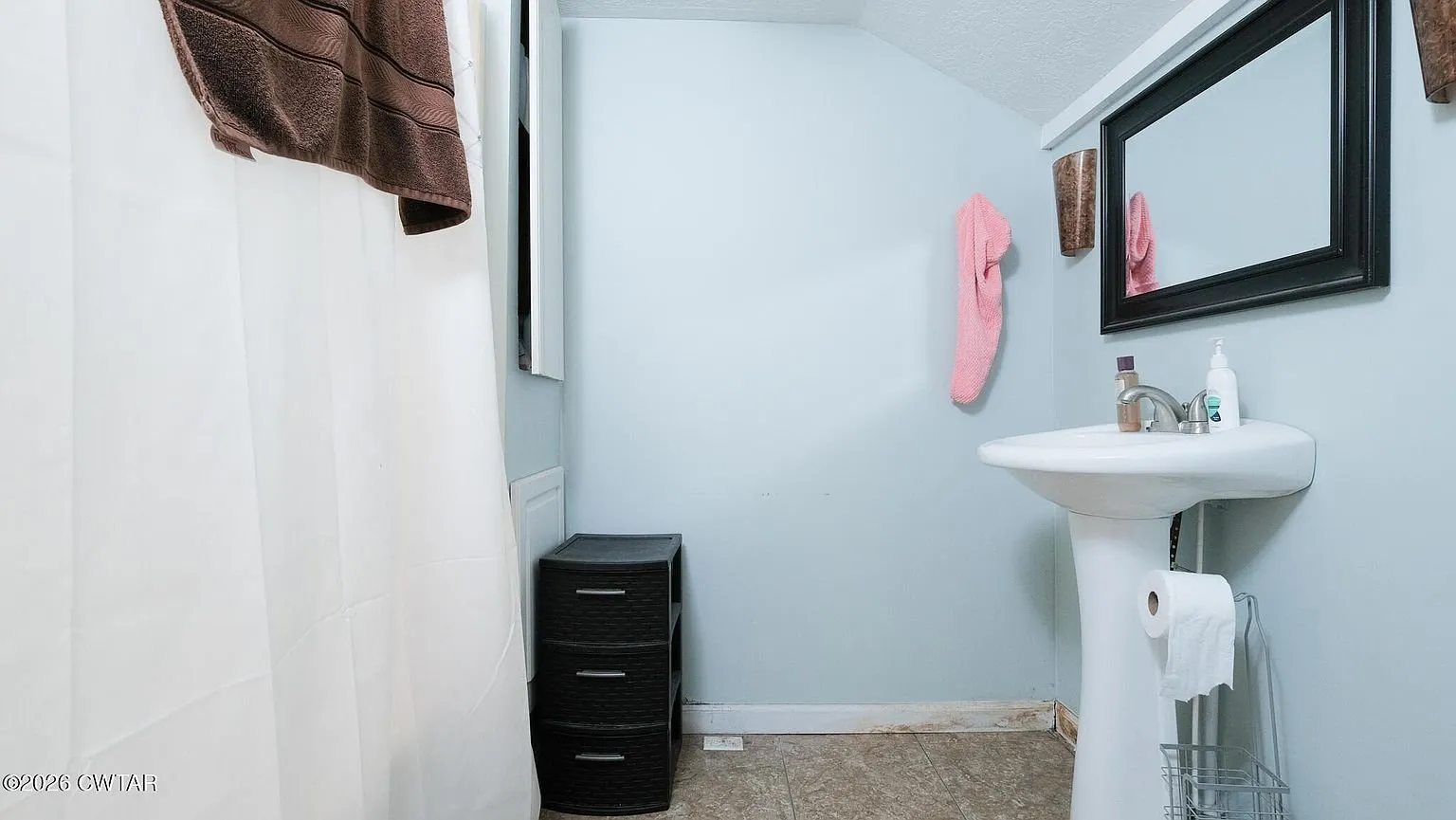 The second bathroom with a pedestal sink and mirror
