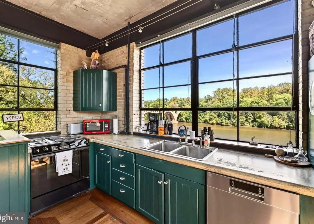 The green-cabinet kitchen with a range, dishwasher and double sink