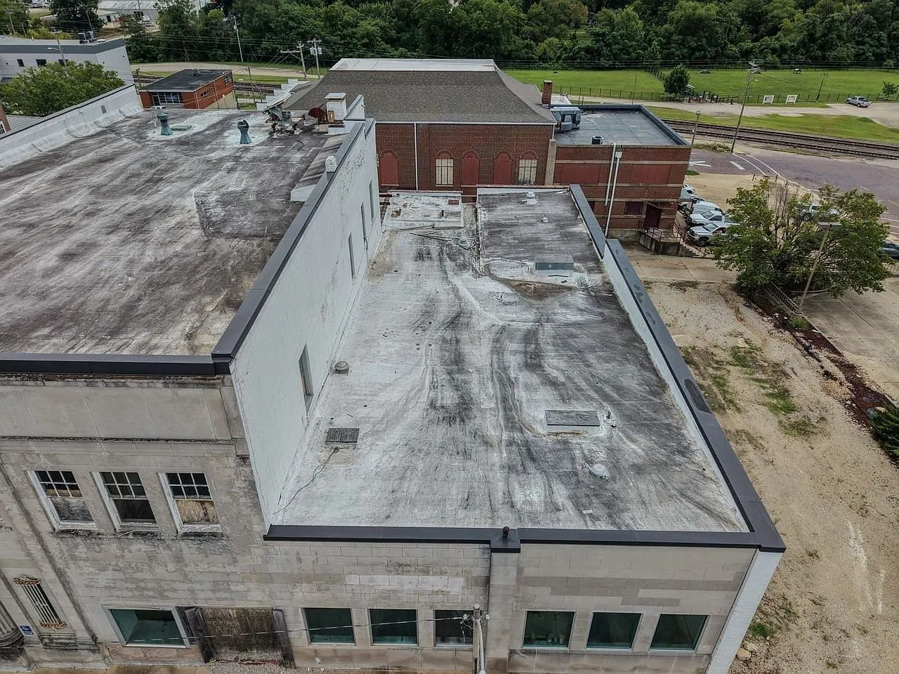 Aerial of the roof from the rear showing the membrane and rooftop units