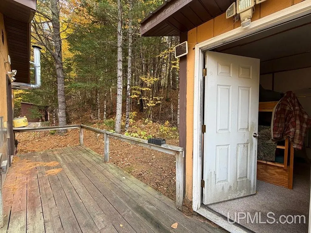 The boardwalk connecting the cabin to the bunkhouse among the trees