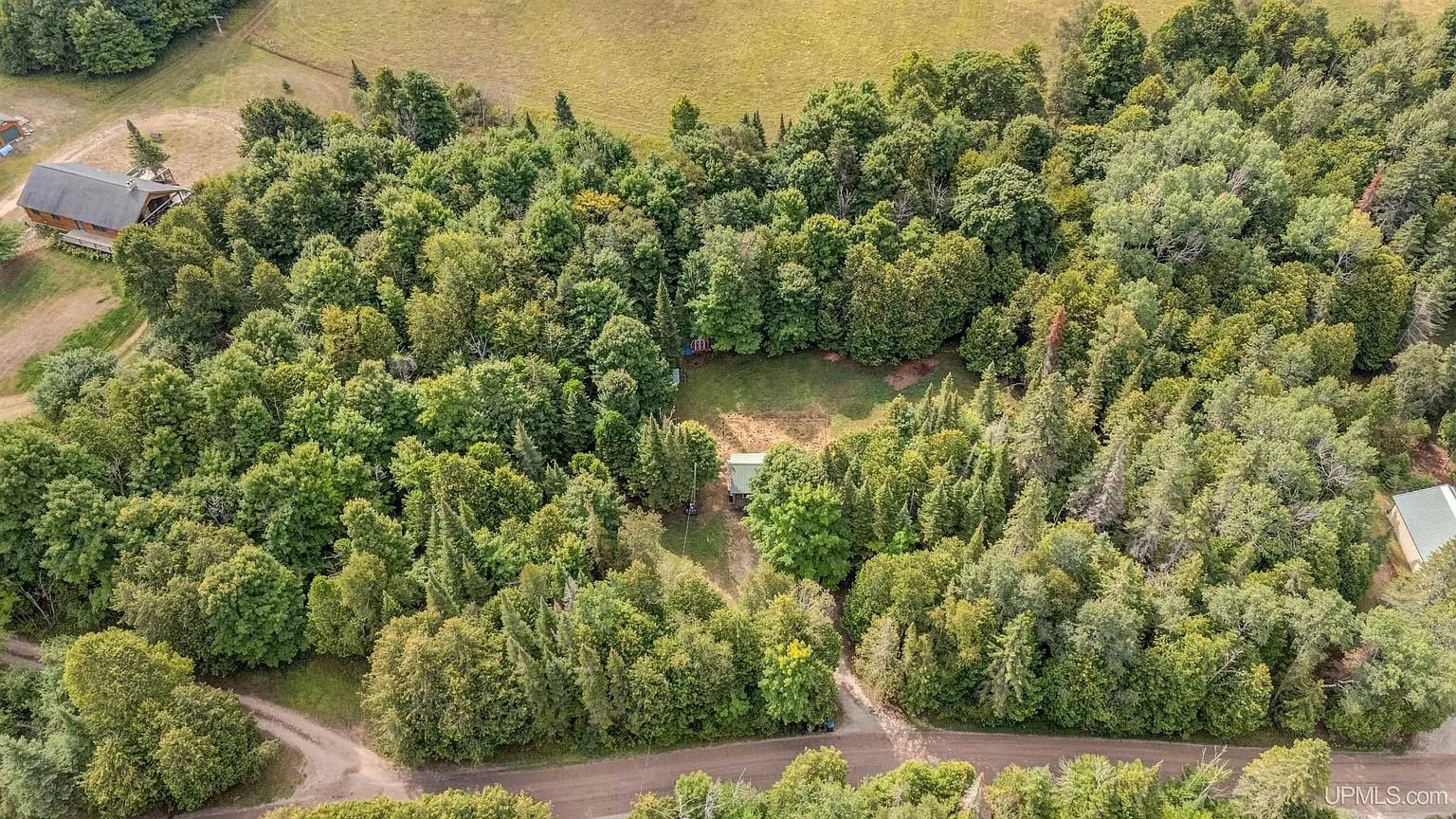 The wooded subdivision from above with houses among the trees