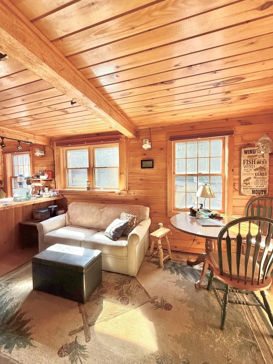 The living area with the sofa, the table and the windows