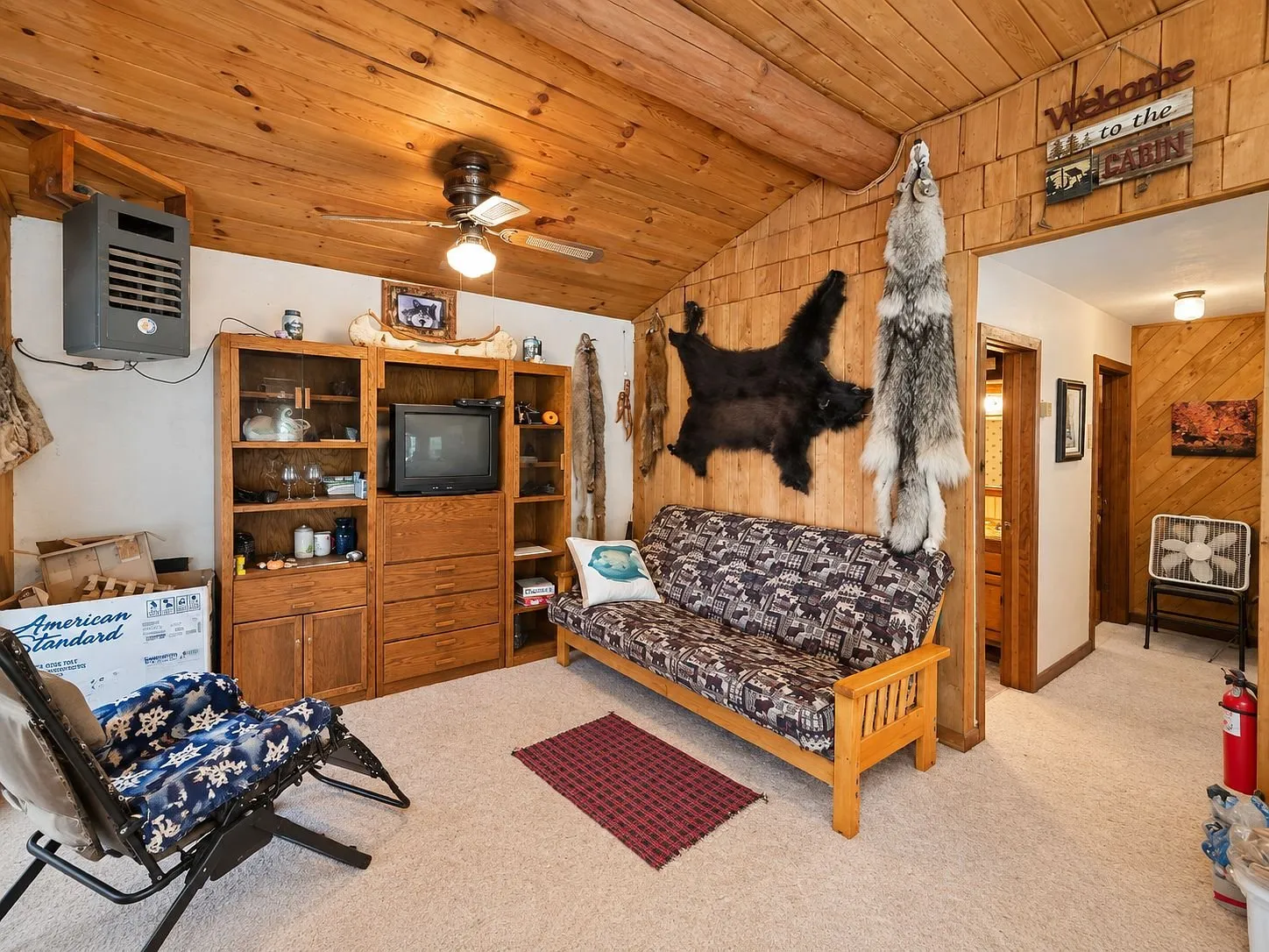 The second sitting room with the futon, the shelves and the hide on the wall