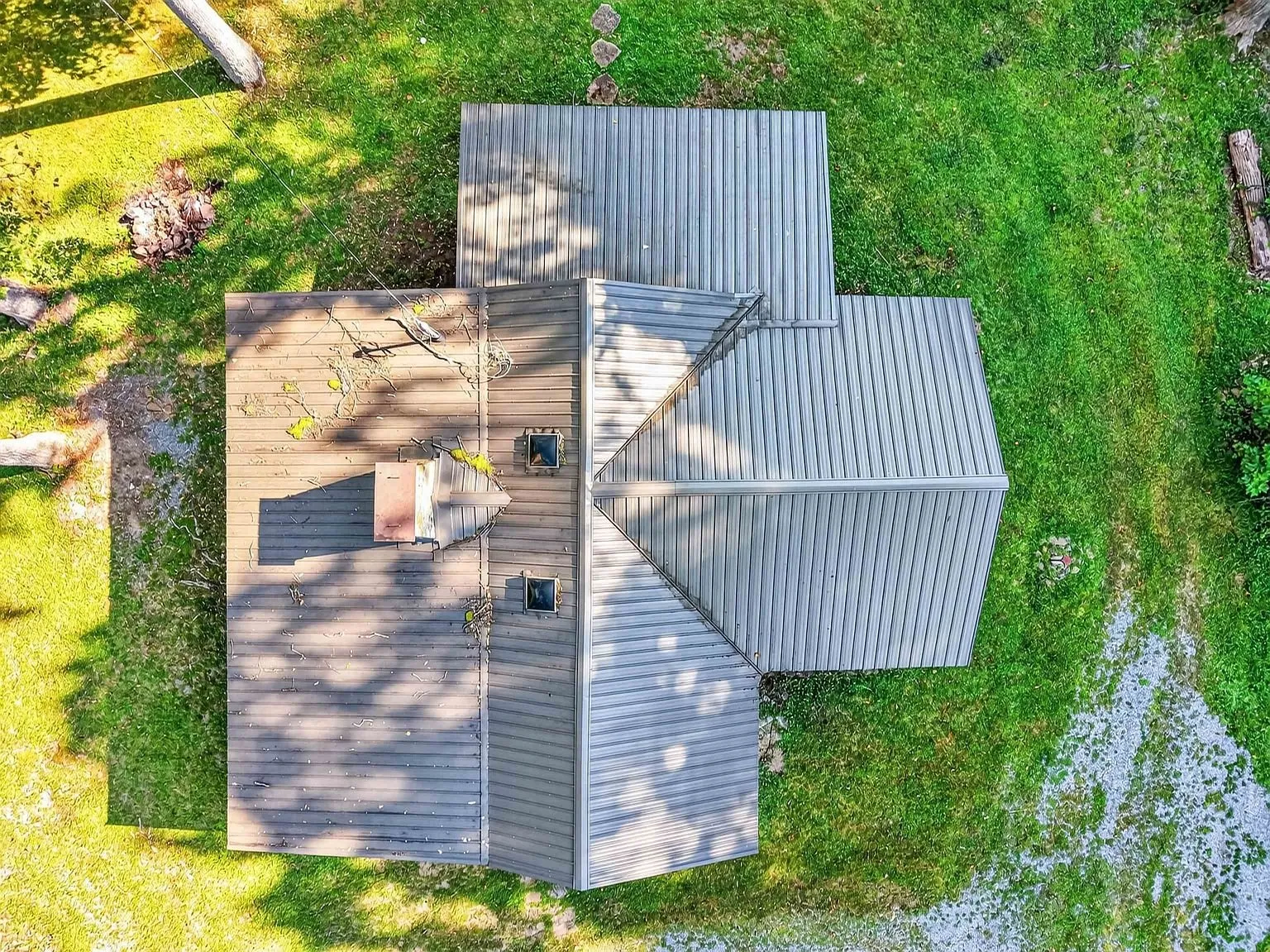 Aerial straight down on the cabin's metal roof