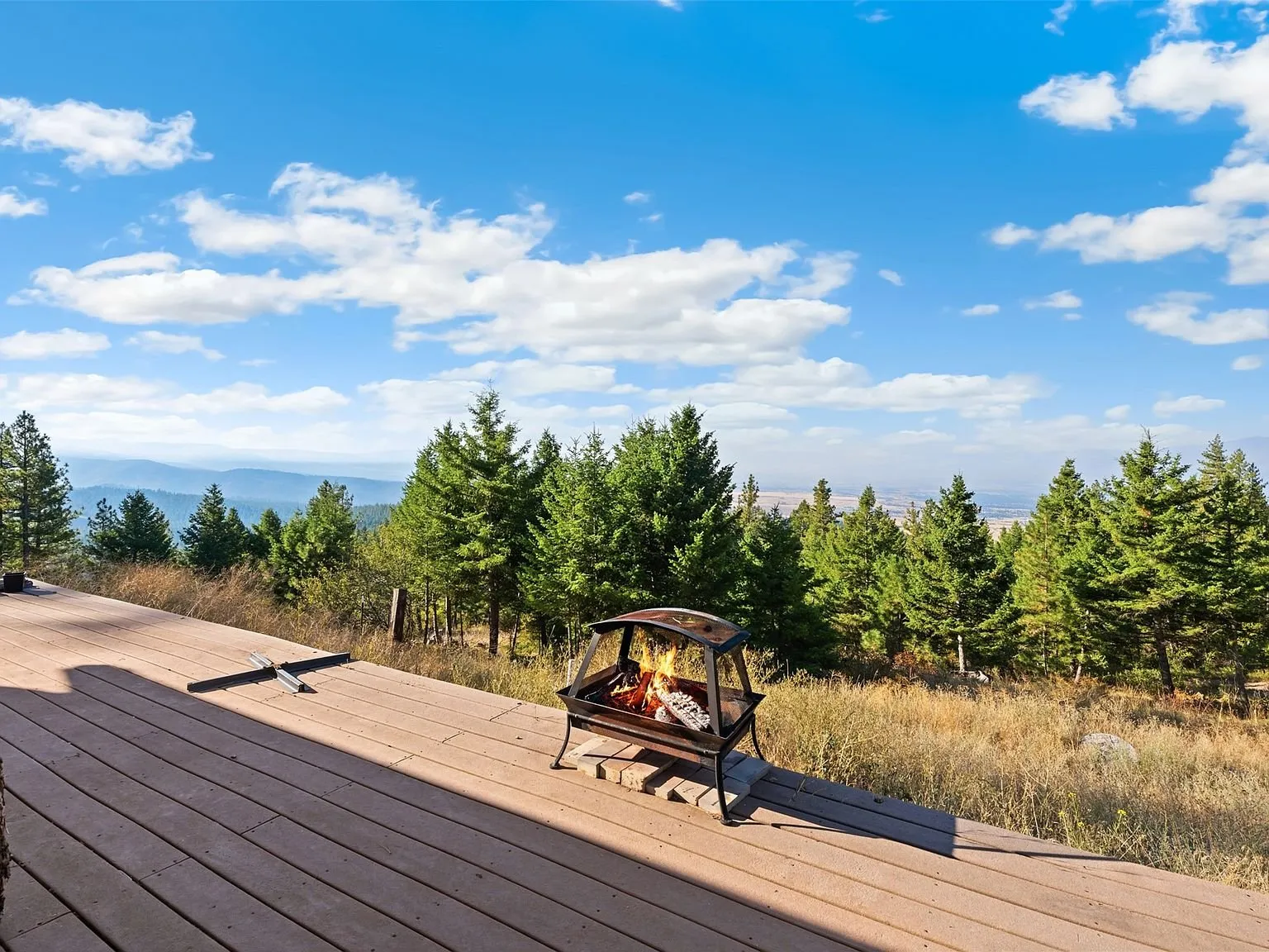 A second deck view looking out toward the trees and open sky