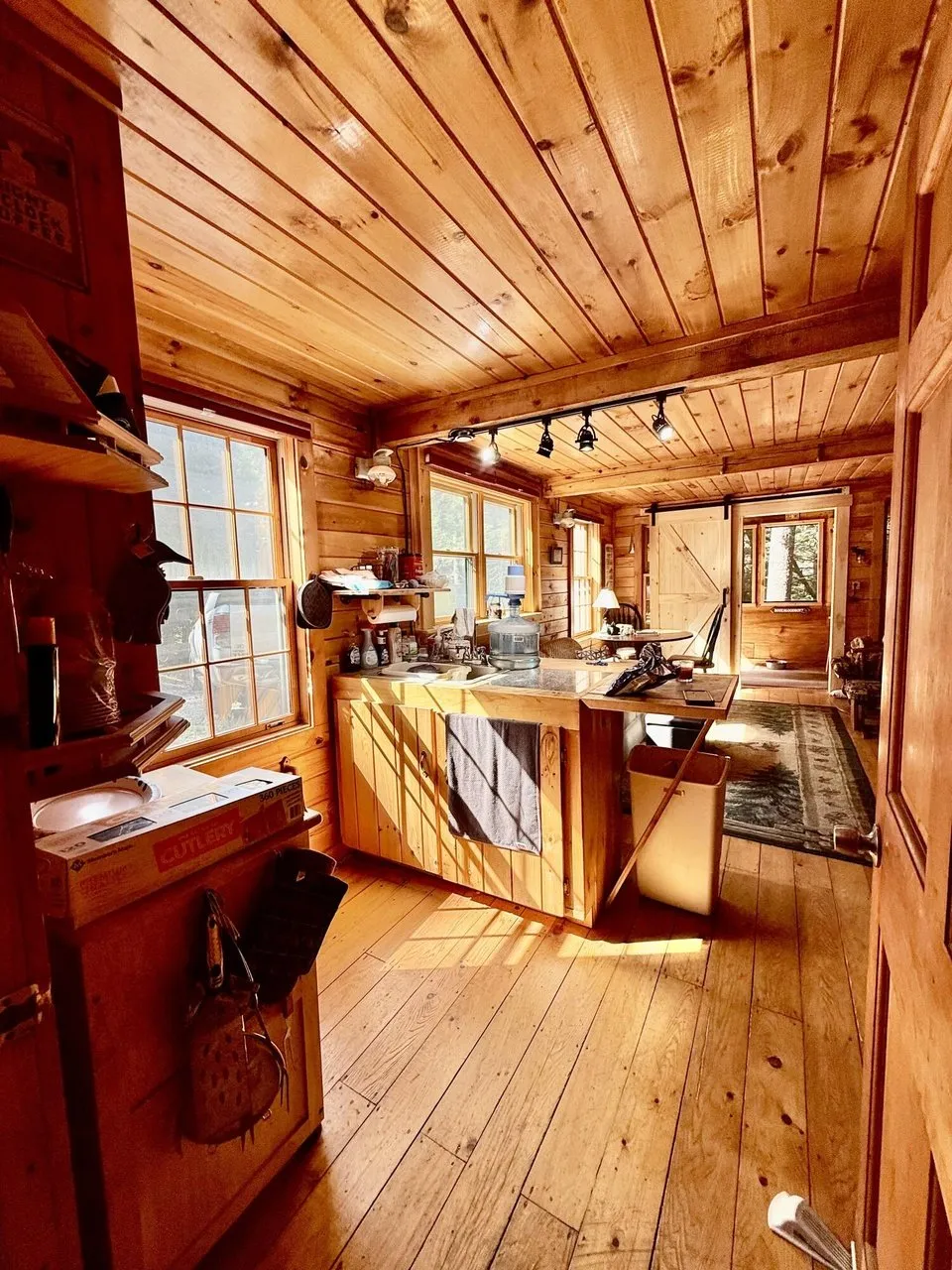 The kitchen with the track lights, the counter and the door to the porch