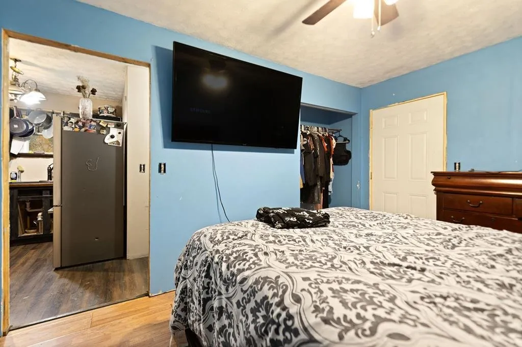 Bedroom with blue walls, a television and a ceiling fan