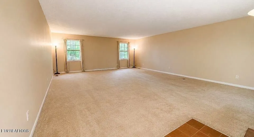 A carpeted room with two windows