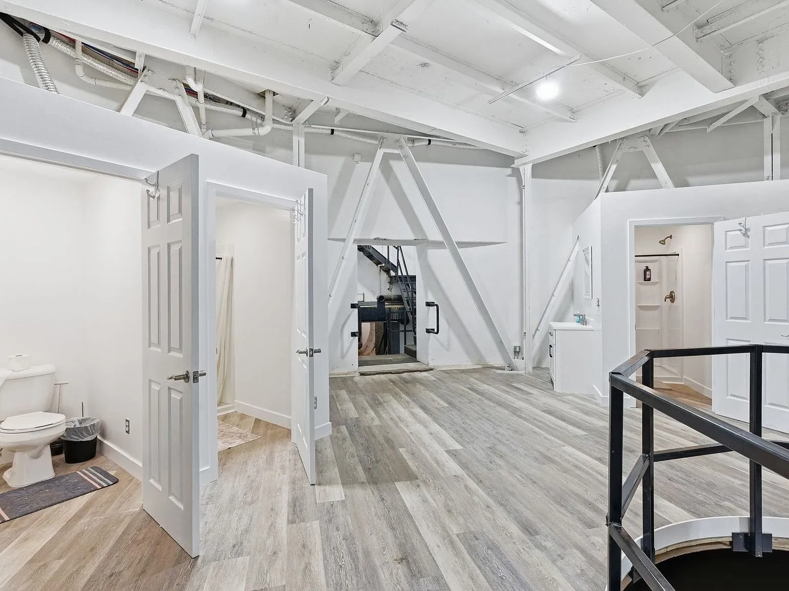 A doorway and stairway inside the silo's steel-framed interior