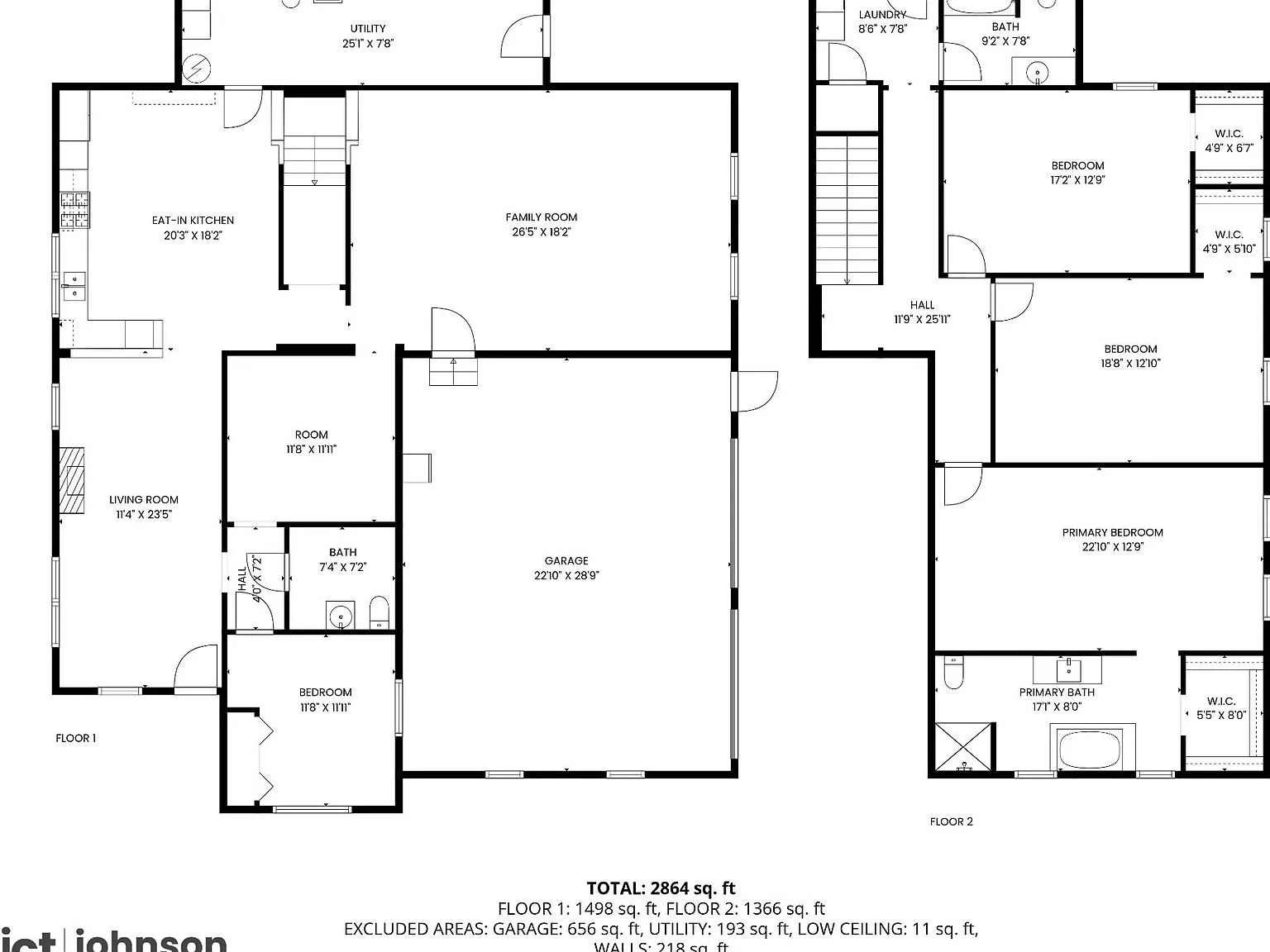 Floor plan for both levels from the listing, totaling 2,864 finished square feet