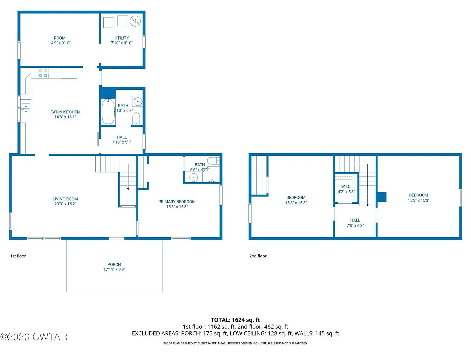 Floor plan of both floors showing 1,624 square feet, two baths on the main floor and two bedrooms upstairs