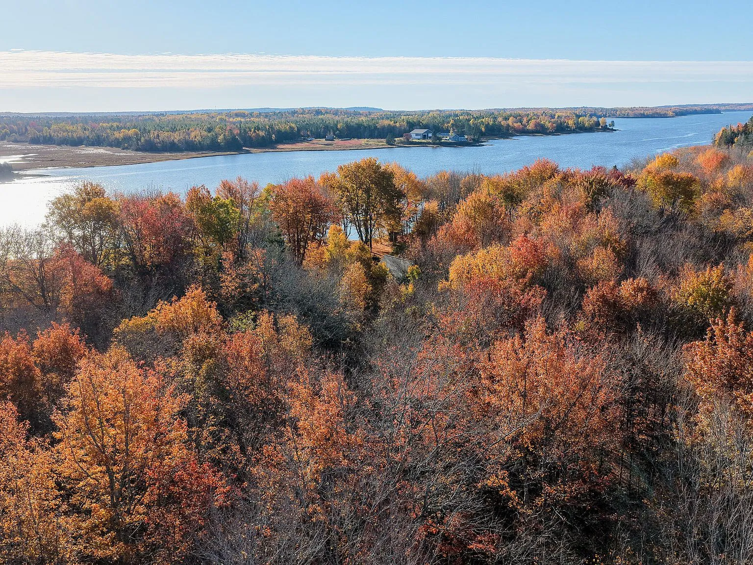 An aerial view of the river bending through the property's wooded acreage