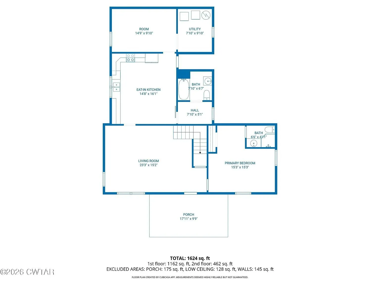 Floor plan of the main floor with the living room, primary bedroom, two baths, kitchen, utility and a room off the kitchen
