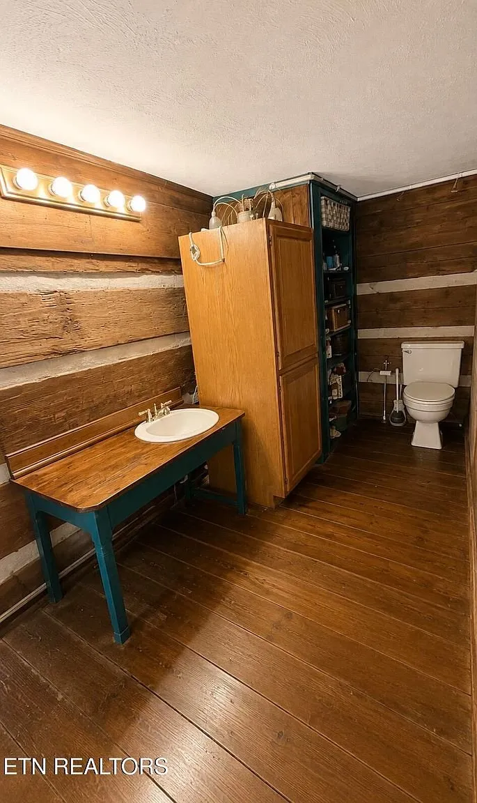 The bathroom in the log section with a sink set into a teal table and a toilet