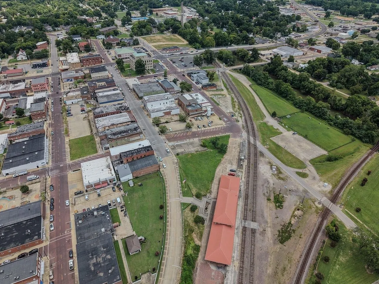 Aerial of downtown Poplar Bluff with the building at the edge of the blocks