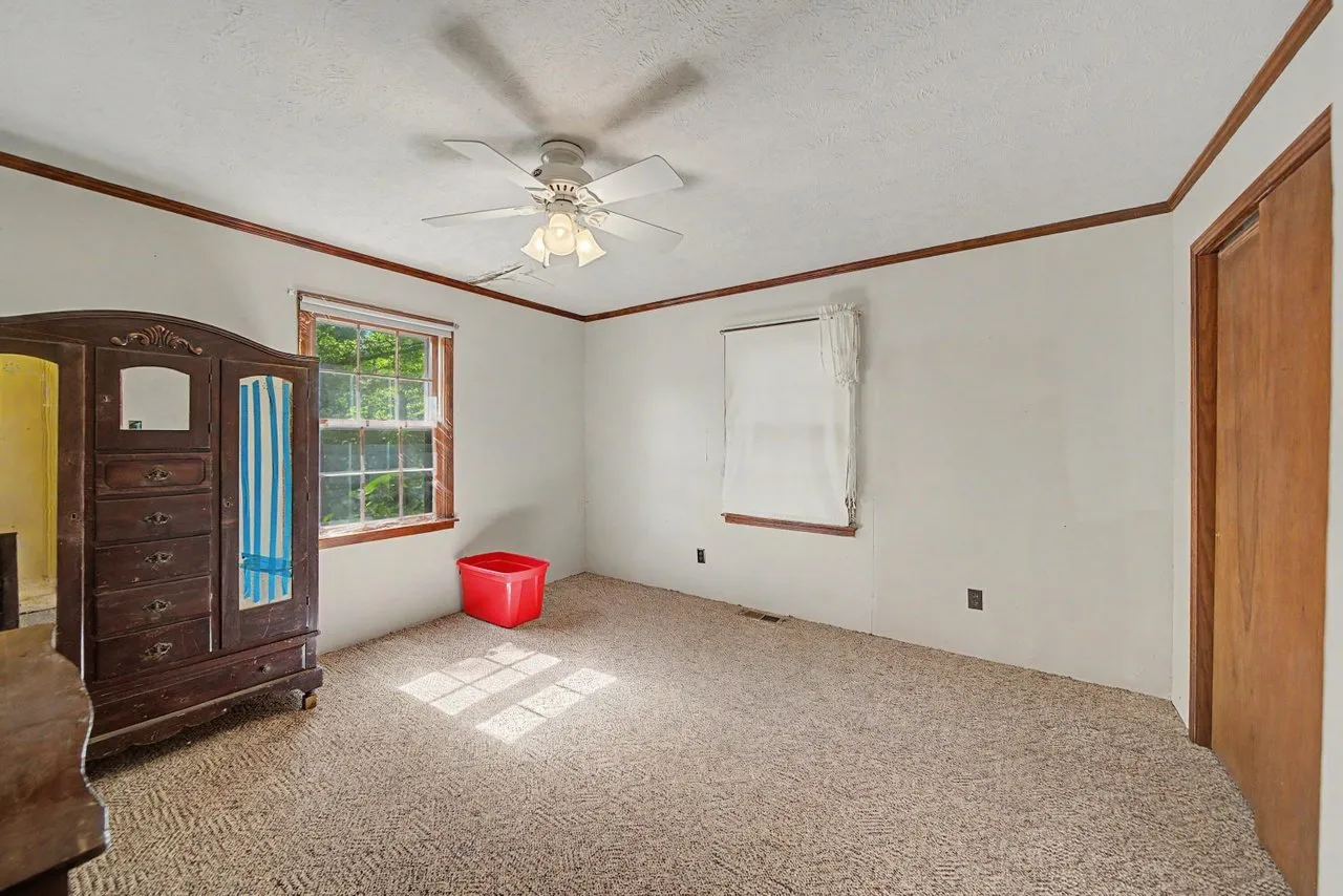 An empty carpeted bedroom with a window and a wardrobe