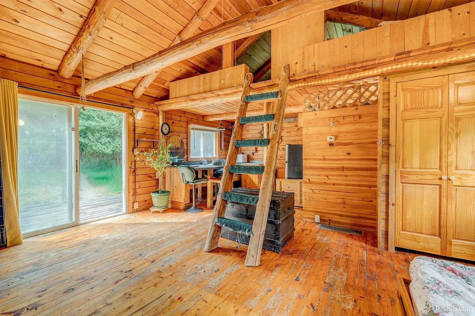 The sliding door, the loft ladder and the closet in the main room
