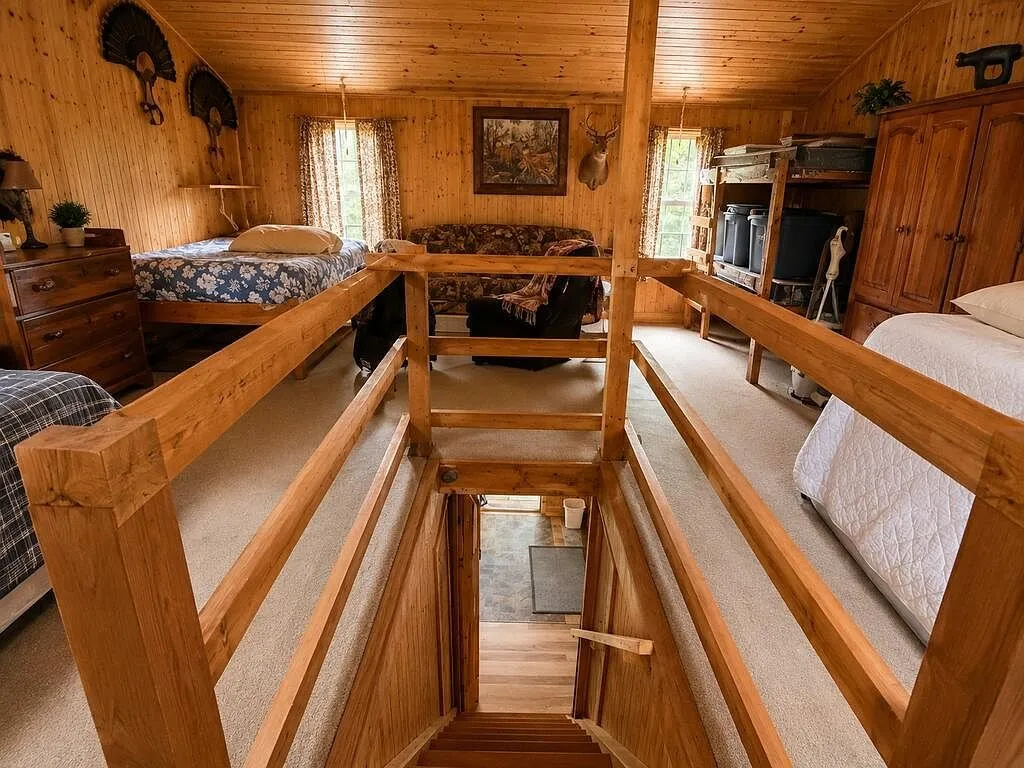 The loft with beds along both sides under the rafters
