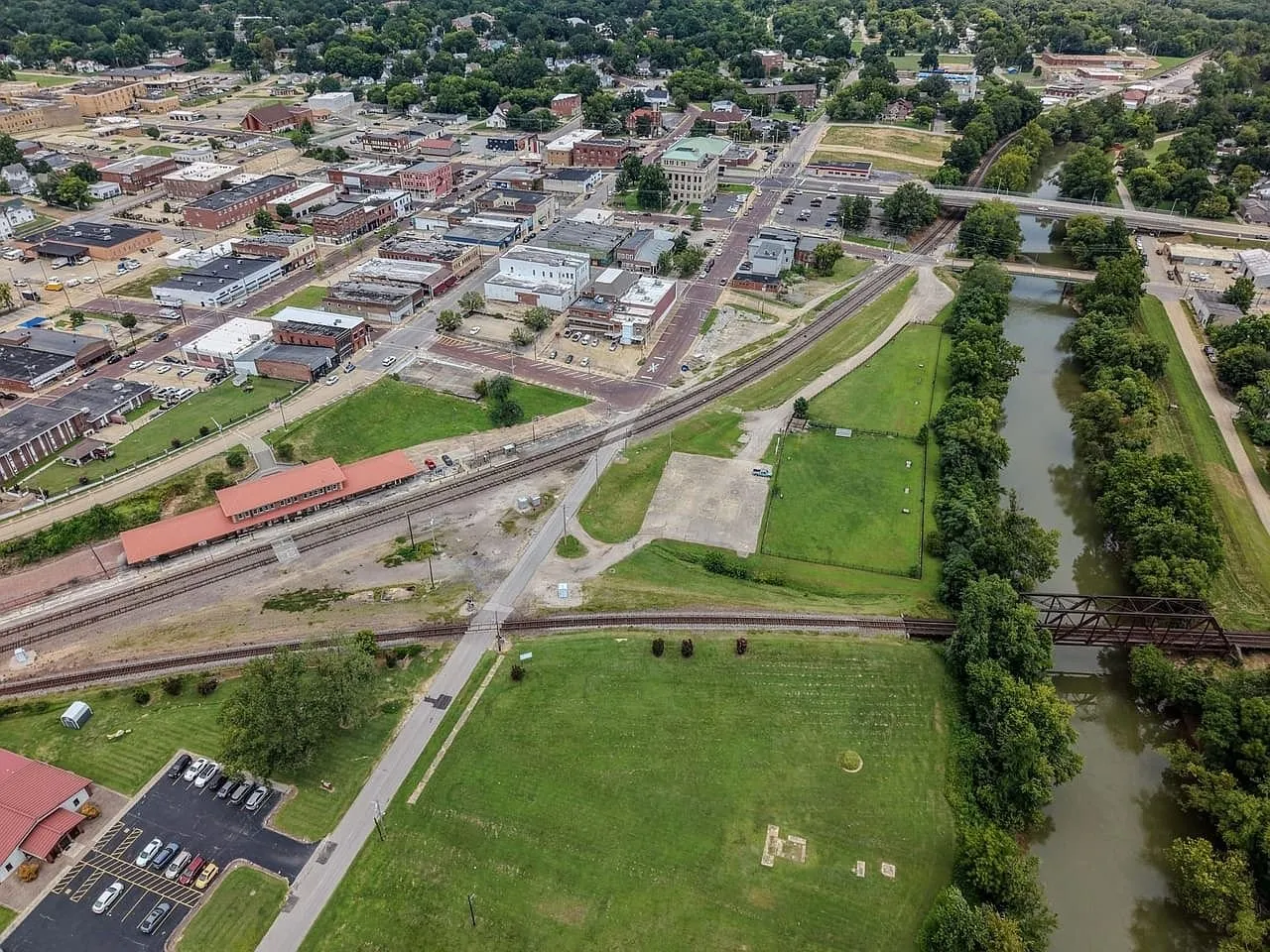 Aerial of downtown with the Black River and the park beyond