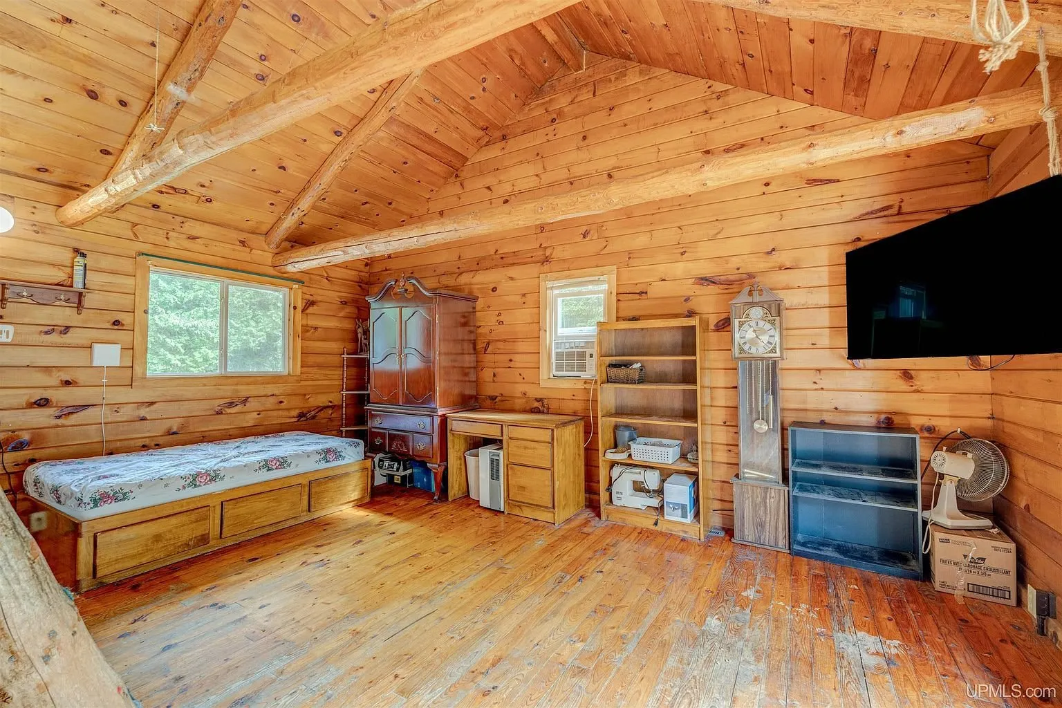 The main room with a daybed, dresser and television