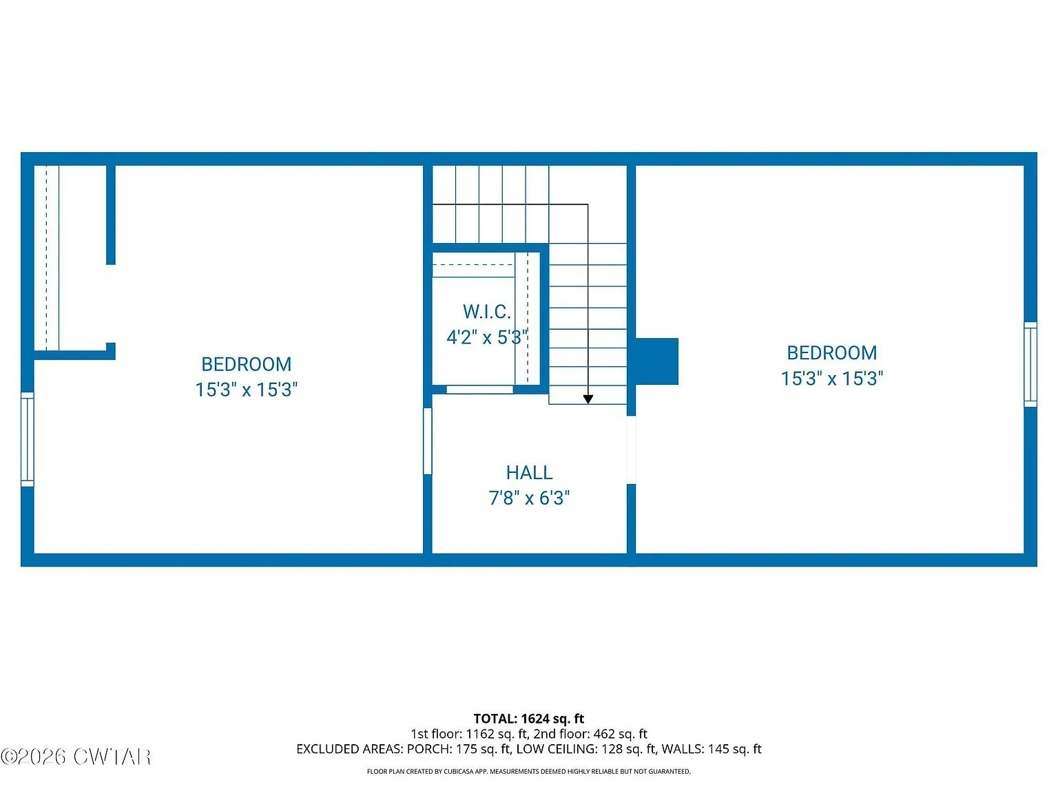 Floor plan of the upper floor with two bedrooms, a hall and a walk-in closet