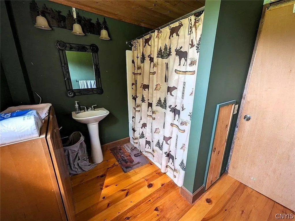 The bathroom with the pedestal sink and the shower curtain