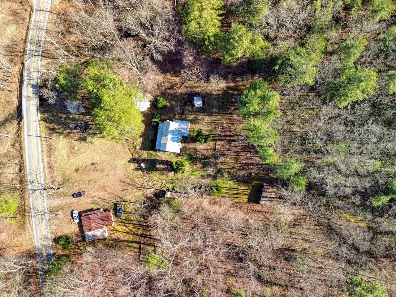 Aerial of the house and the store along the highway, the creek line in the trees