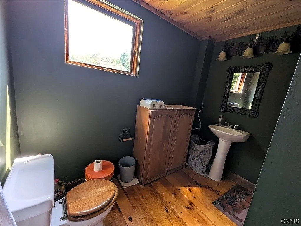 The bathroom with the toilet and the mirror