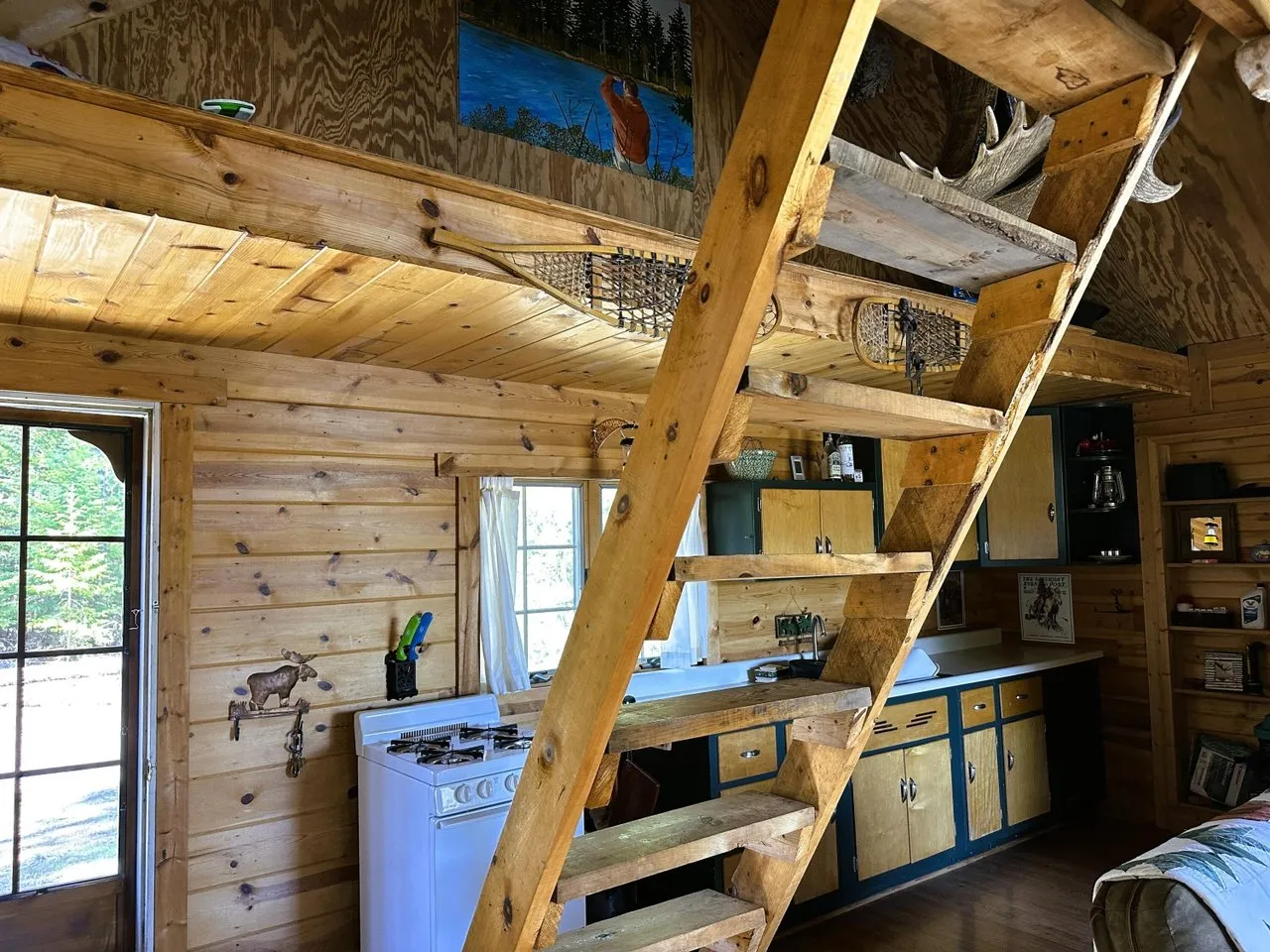 The kitchen from the main room, ladder rising to the loft