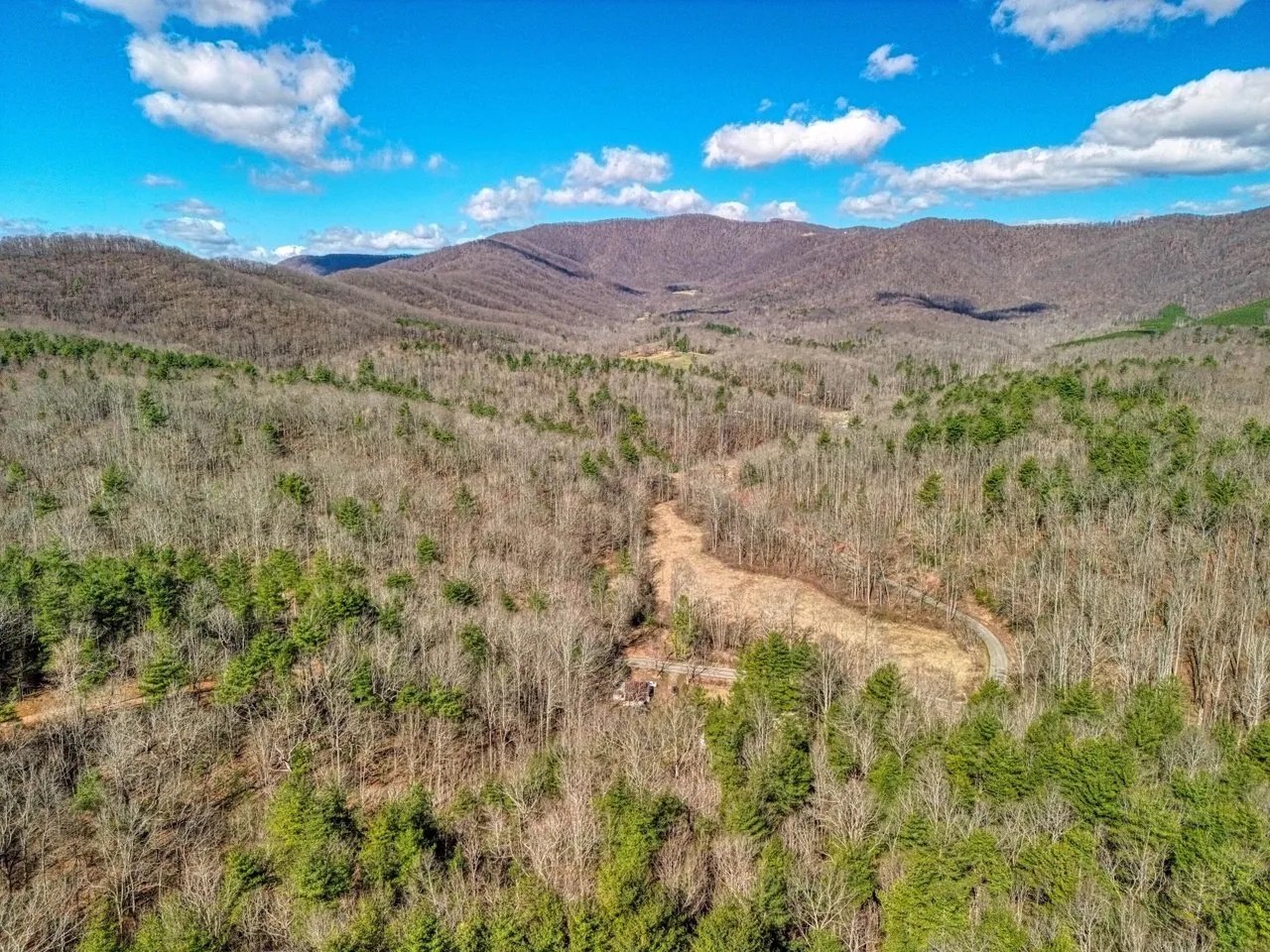 Aerial looking across the wooded ridges toward the Blue Ridge