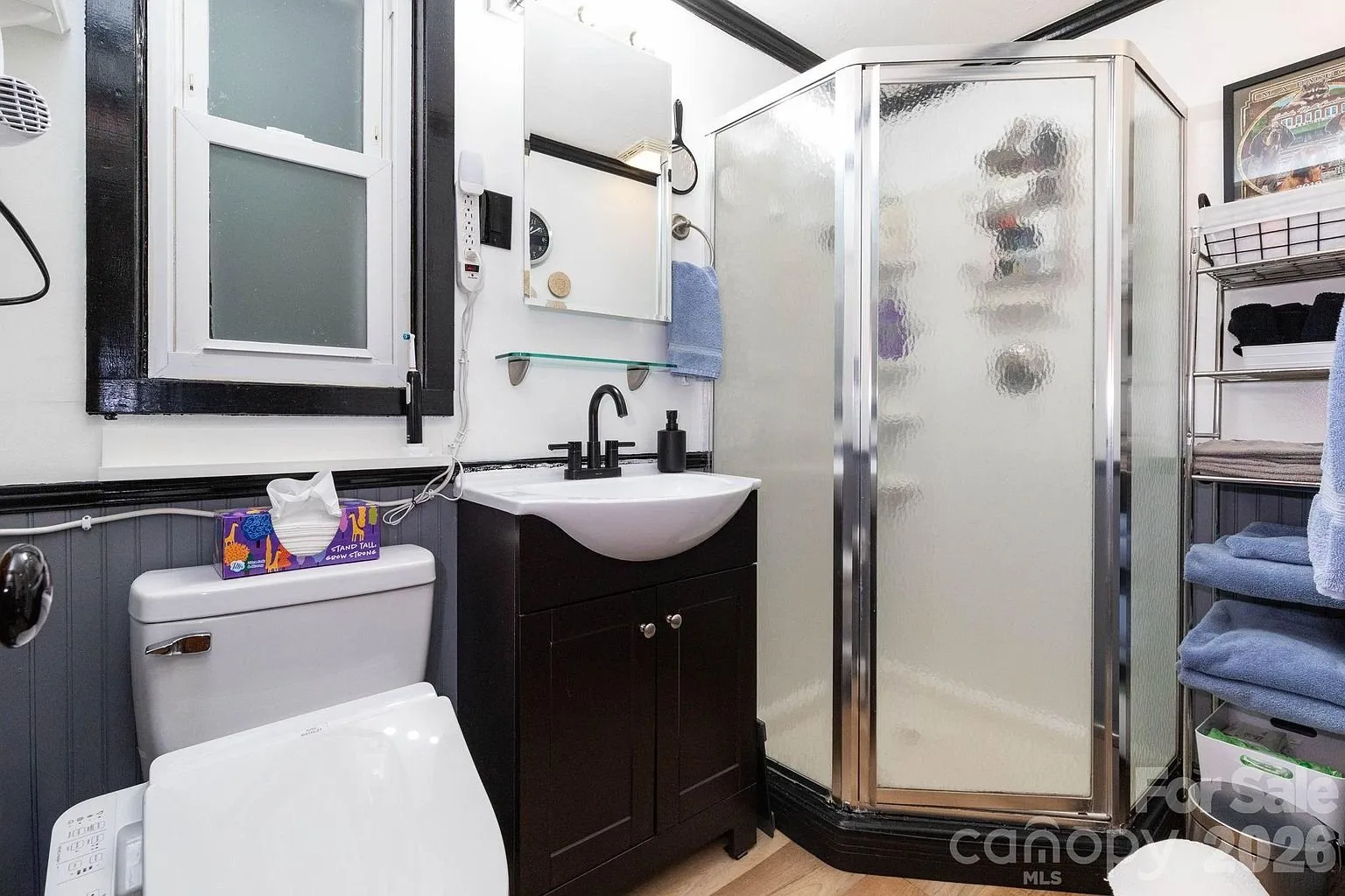 The bathroom with the shower stall, the vanity and the toilet