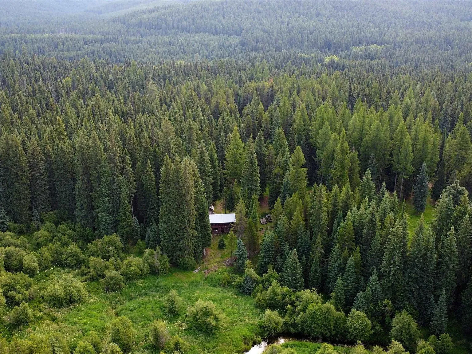 An aerial view of the river curving through the property's clearing and timber