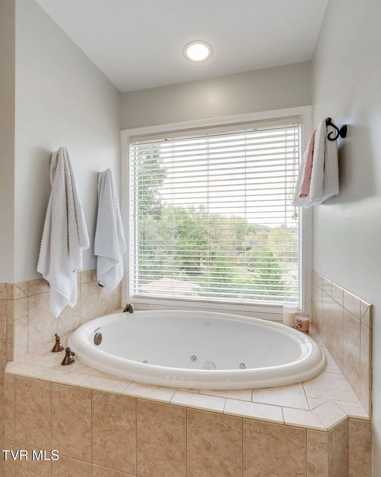 The garden tub set into tile below a window