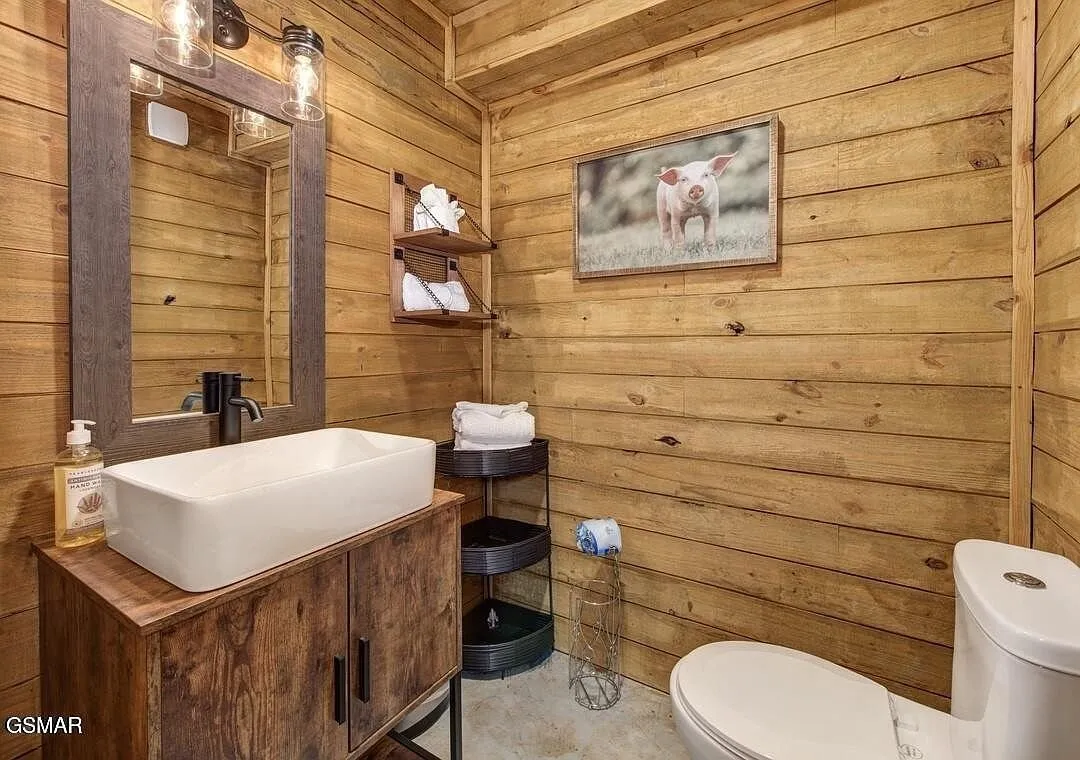 A bathroom with a white vessel sink and a toilet against log walls