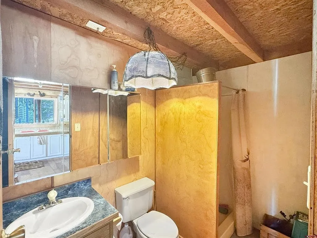 The bathroom with the toilet, the sink and the yellow wall