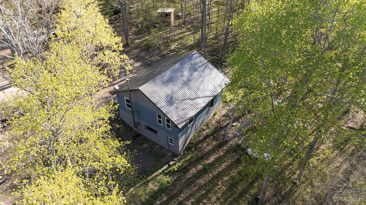 The cabin from the air among the trees in early leaf