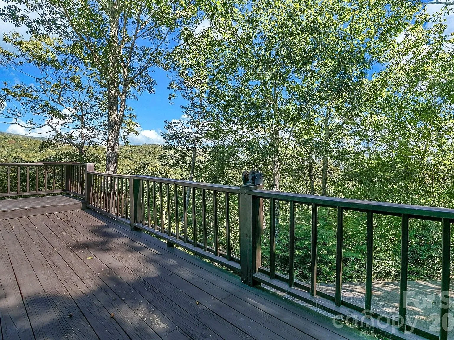 A deck railing framed by trees, overlooking the wooded slope