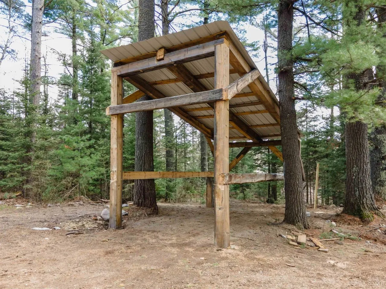 The timber frame carport standing empty among the pines