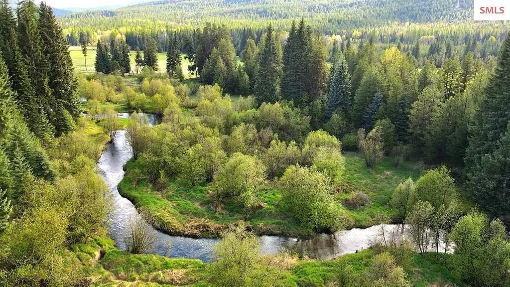 A wide aerial view of the Yaak Valley's forested mountains surrounding the property